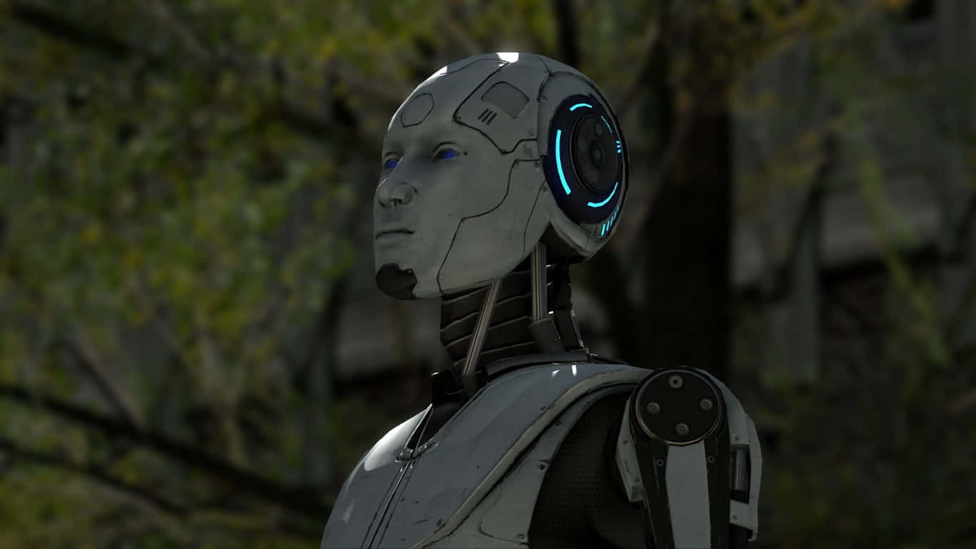 1366x768《The Talos Principle》玩家背景 壁紙 — 一個發著藍光眼睛和電路的人形機械人站在模糊綠色樹葉的森林區域。