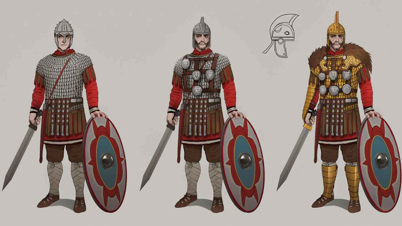 1366x768 Total War Attila 背景 - 各種騎士模型 壁紙 — 三名插圖風格的羅馬士兵，身穿精細盔甲，手持盾牌和劍，背景為純色。