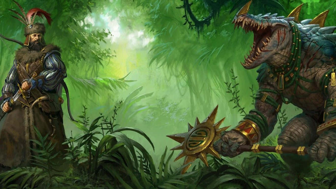 一位奇幻戰士在茂密叢林中對抗爬行類怪物。