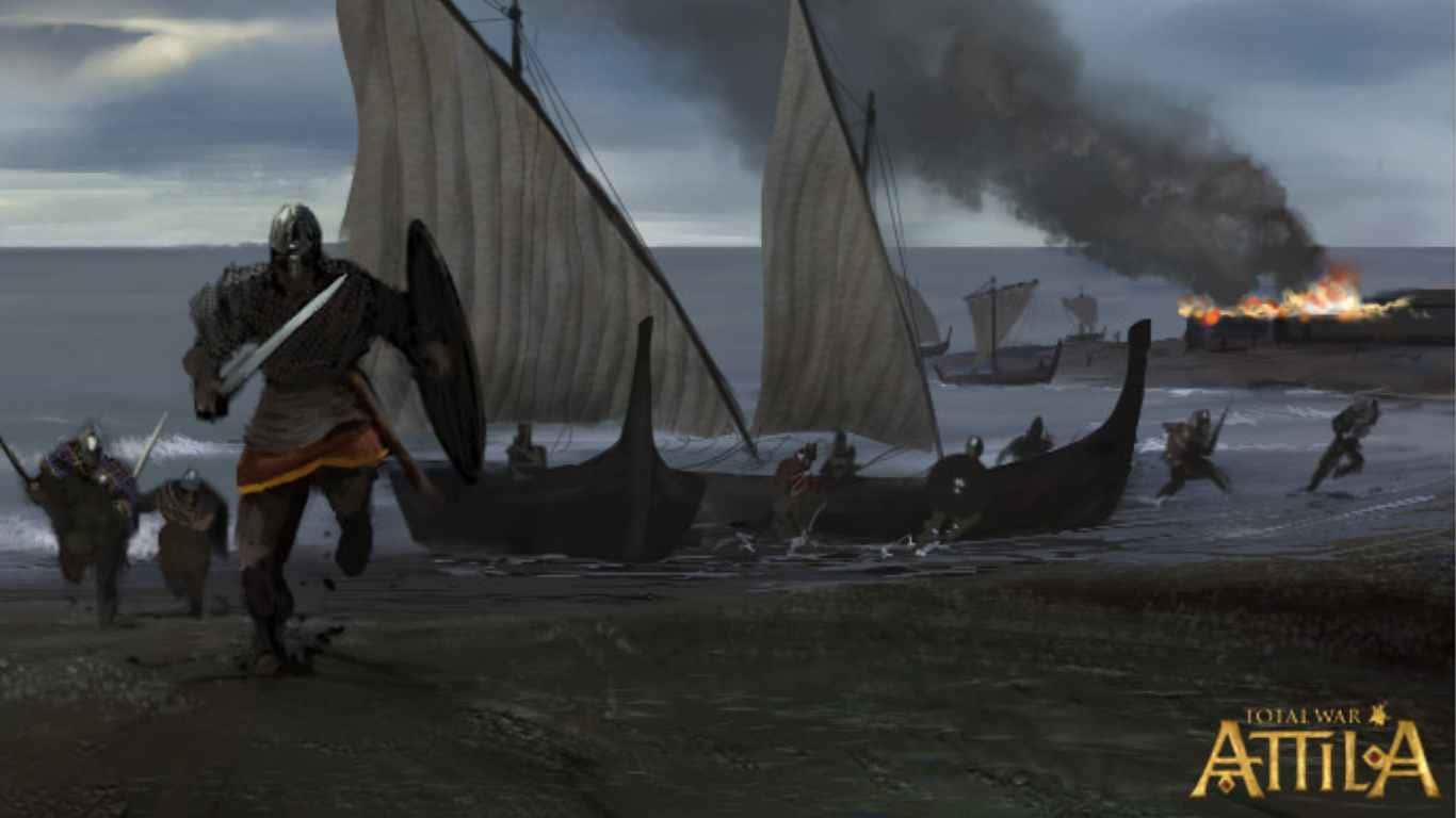 1366x768 Total War: Attila 背景 - 水上戰士登岸 壁紙 — 維京戰士從長船衝上岸，煙霧從燃燒的船隻升起，一場暴風雨中的海岸戰鬥。