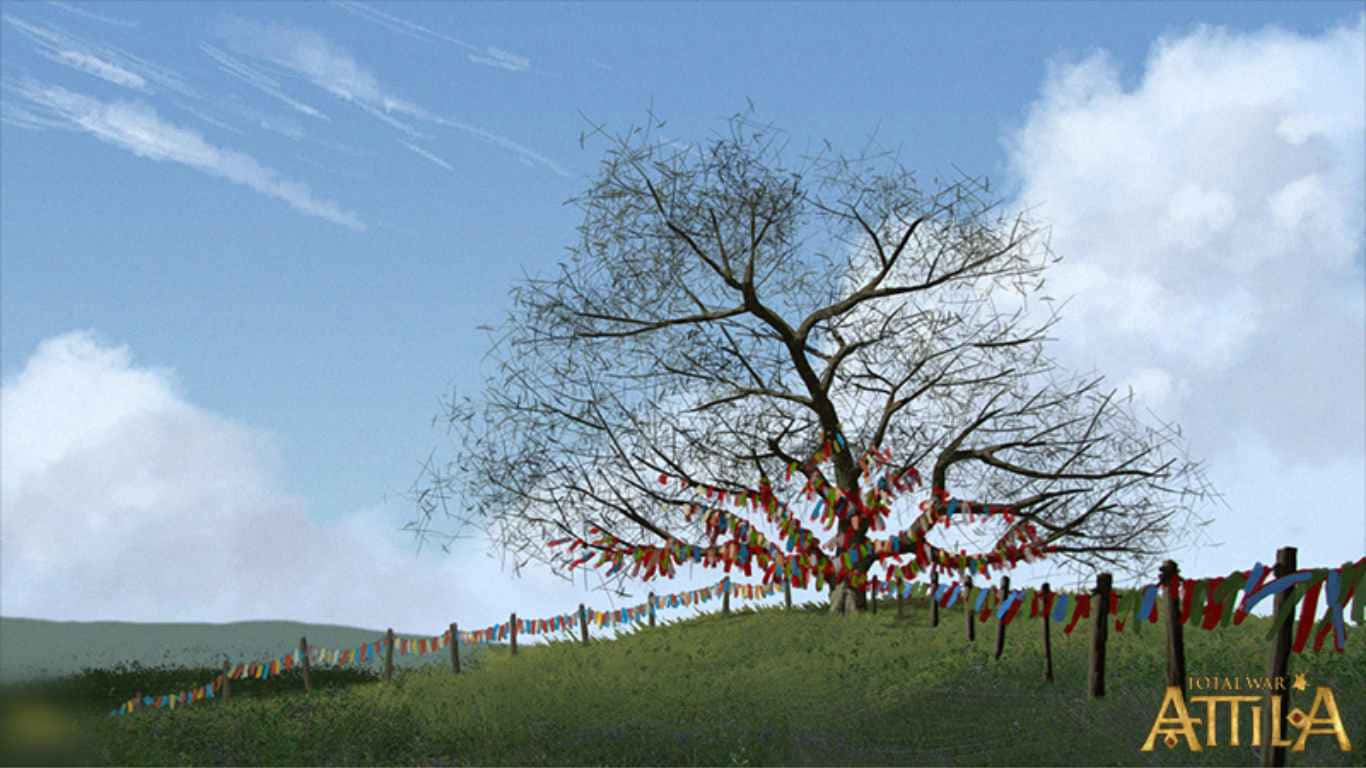 1366x768《Total War: Attila》背景——掛飾裝點的樹 壁紙 — 一棵孤獨的禿樹立於長滿草的山頂上，裝飾著色彩繽紛的經幡，背景是明亮的藍天和縷縷白雲。