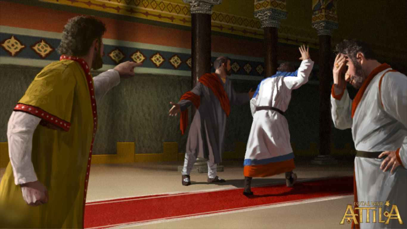 1366x768《Total War: Attila》背景——男子面臨困境 壁紙 — 四個身穿古裝長袍的男人在裝飾華麗、有圖案柱子和紅地毯的寺廟中戲劇性地做手勢。
