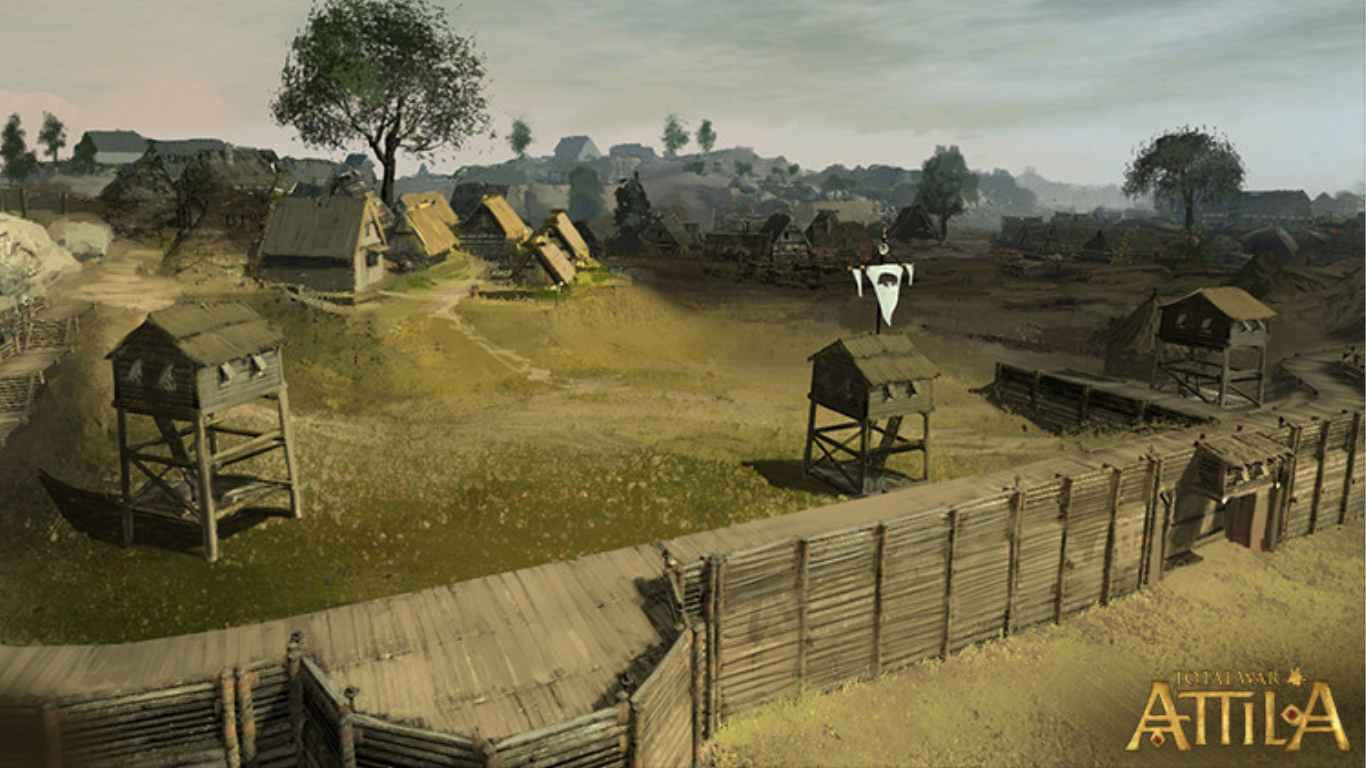 1366x768 Total War: Attila 背景 - 木柵欄圍繞的城鎮 壁紙 — 一個中世紀村莊，有木屋和瞭望塔，被木柵欄圍繞，天空多雲。