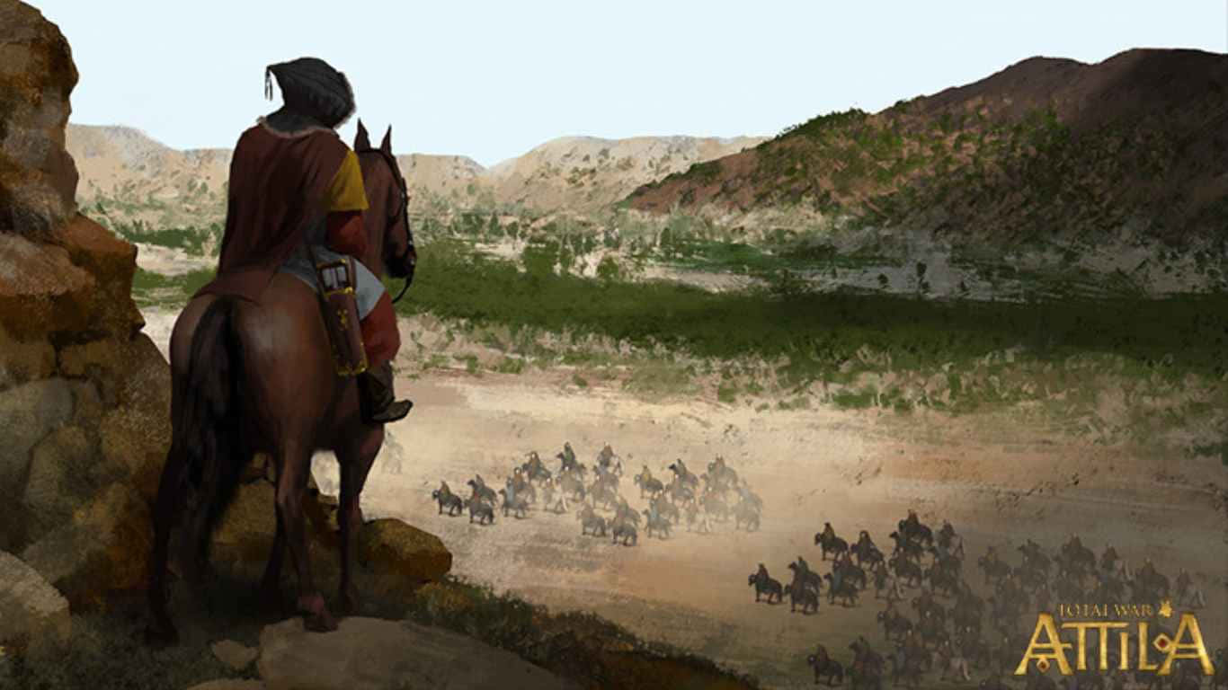 1366x768《Total War: Attila》背景——斥候觀察軍隊 壁紙 — 一名孤獨的騎手站在岩石露頭上俯瞰廣闊的沙漠山谷，下方有一支龐大的騎兵軍隊正在行進。