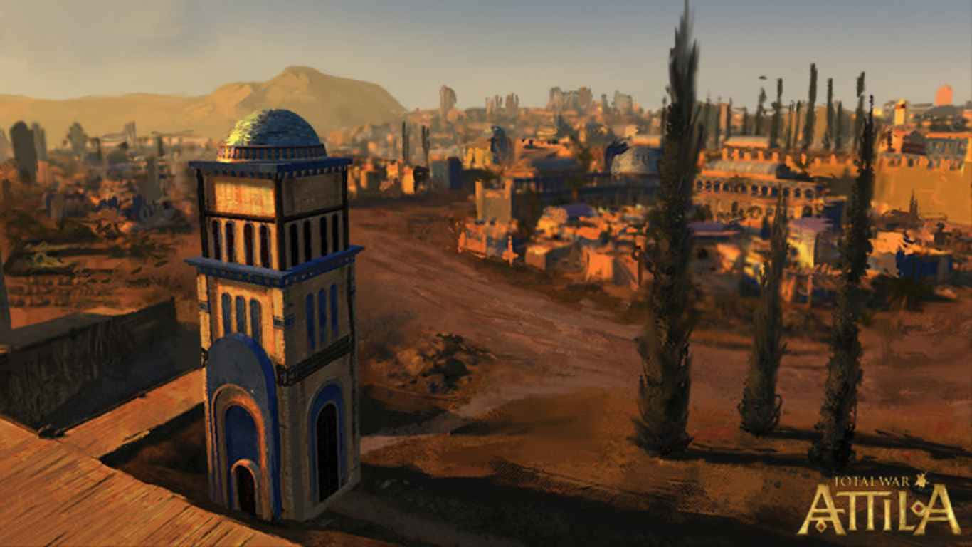 1366x768 Total War: Attila 背景 - 城鎮邊緣的瞭望塔 壁紙 — 一座藍色圓頂塔矗立在陽光明媚的古老沙漠城市中，周圍有破舊的建築和高大的柏樹。