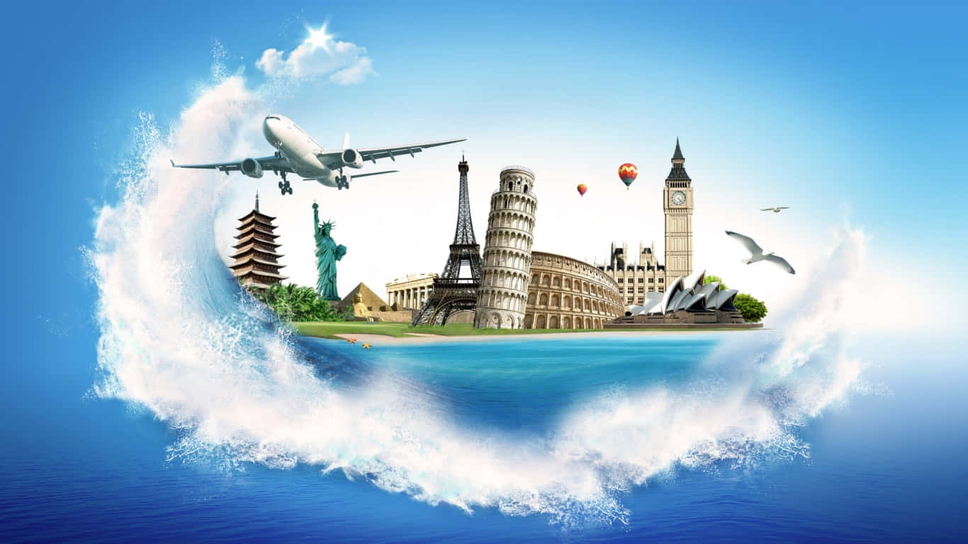 世界地標從海浪中升起，飛機在上空飛過。
