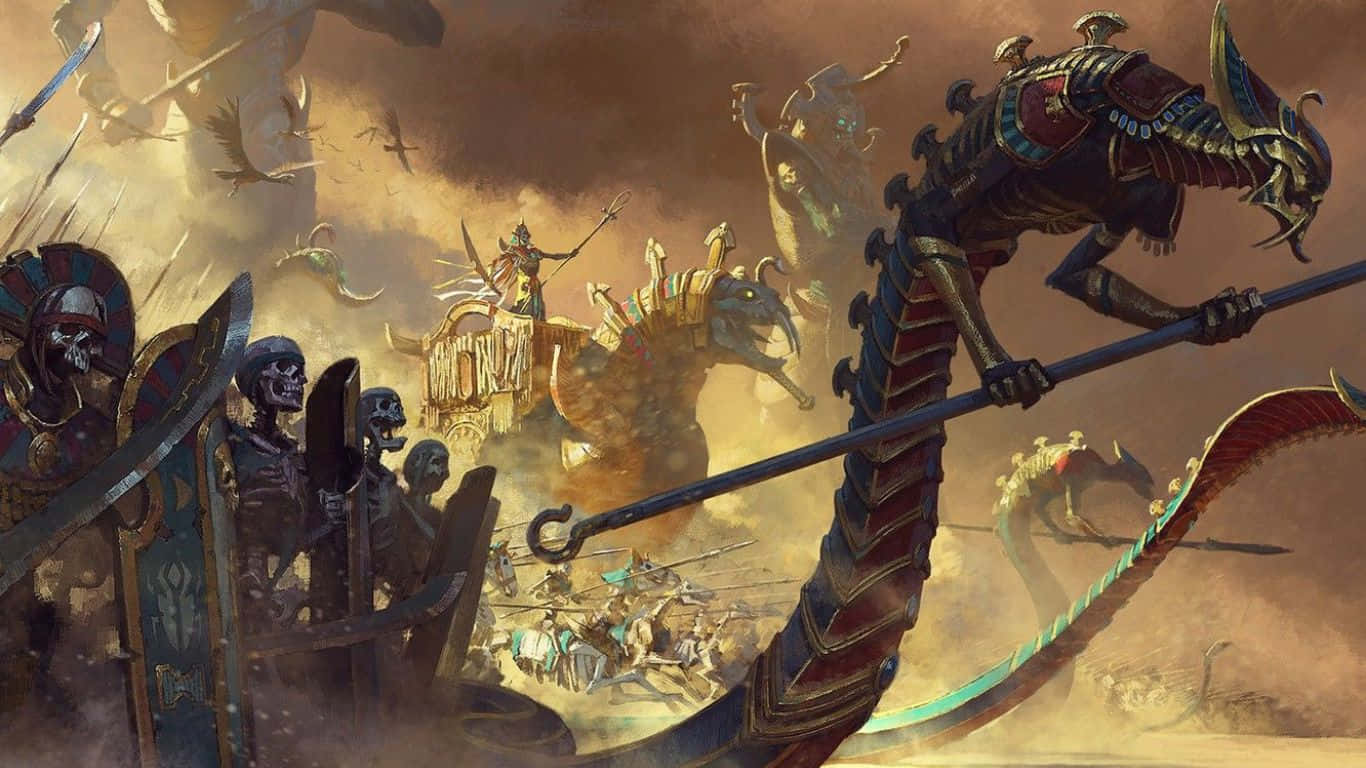 骷髏戰士在塵土飛揚的奇幻戰鬥場景中與巨型蛇怪戰鬥。