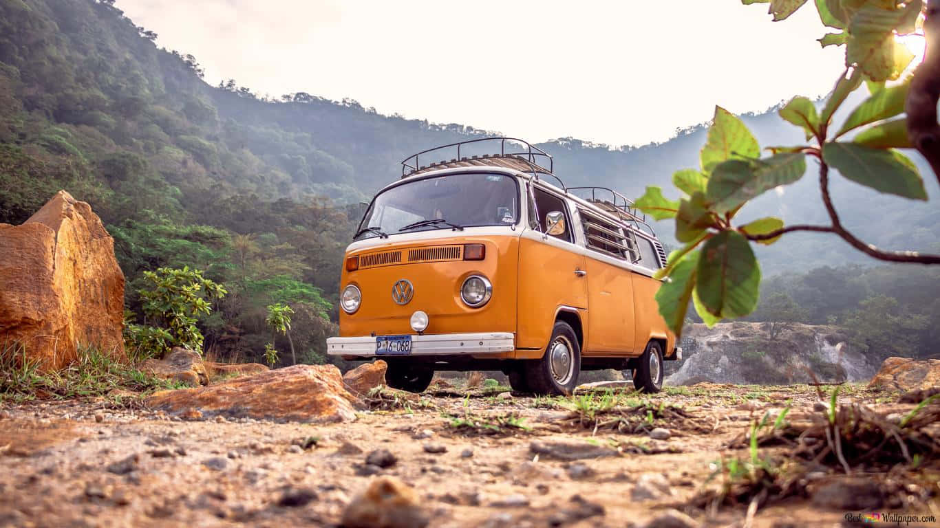 復古橙色VW客貨車停泊在山林中，陽光穿過樹葉灑落。