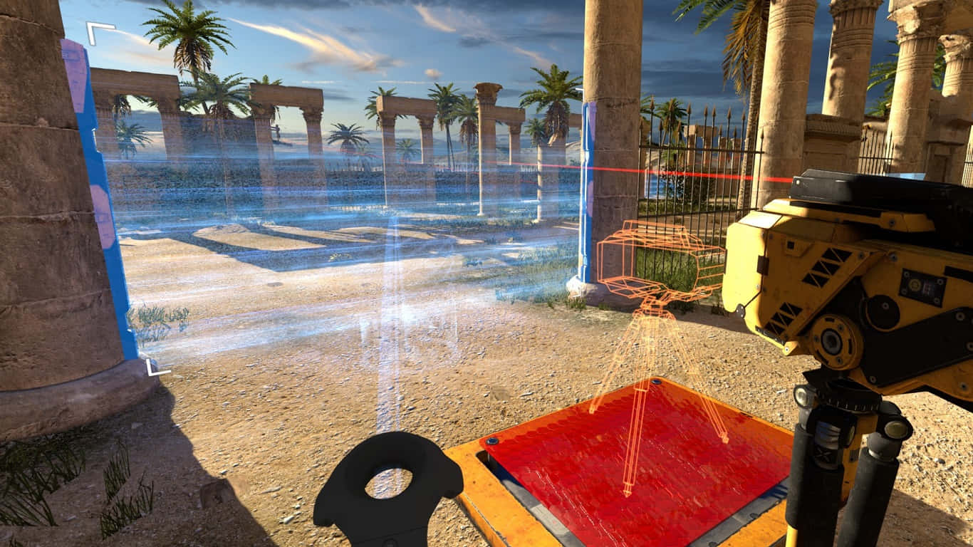 1366x768 《塔洛斯的原則》VR 壁障背景 壁紙 — 一部未來風格的掃描器在明亮的沙漠天空下，將全息藍色網格投射到古埃及遺跡上。