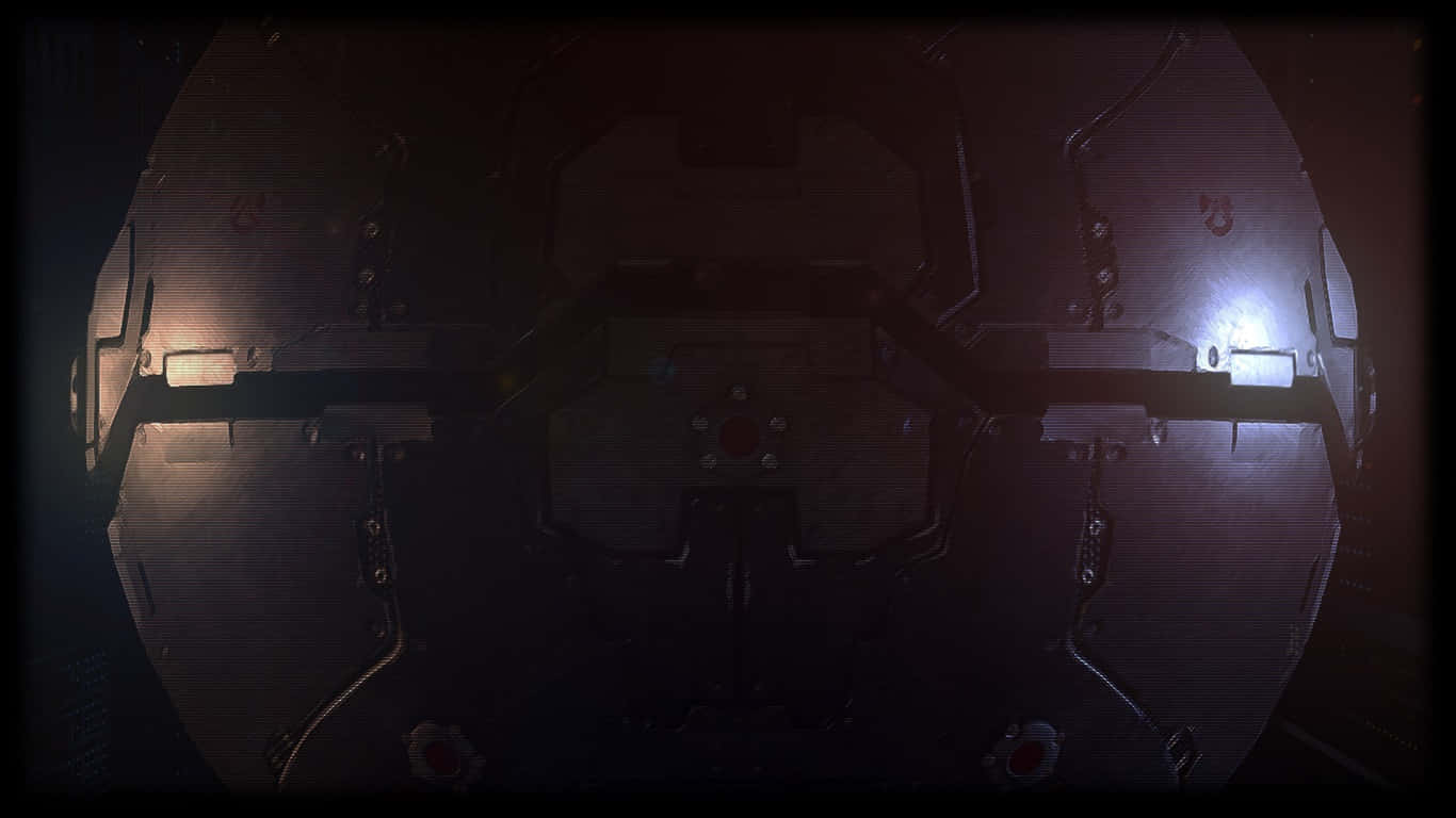 1366x768《塔洛斯的原則》守護者背景 壁紙 — 黑暗的未來太空船內部，帶有發光面板和紅色燈光，位於光線昏暗的駕駛艙中。