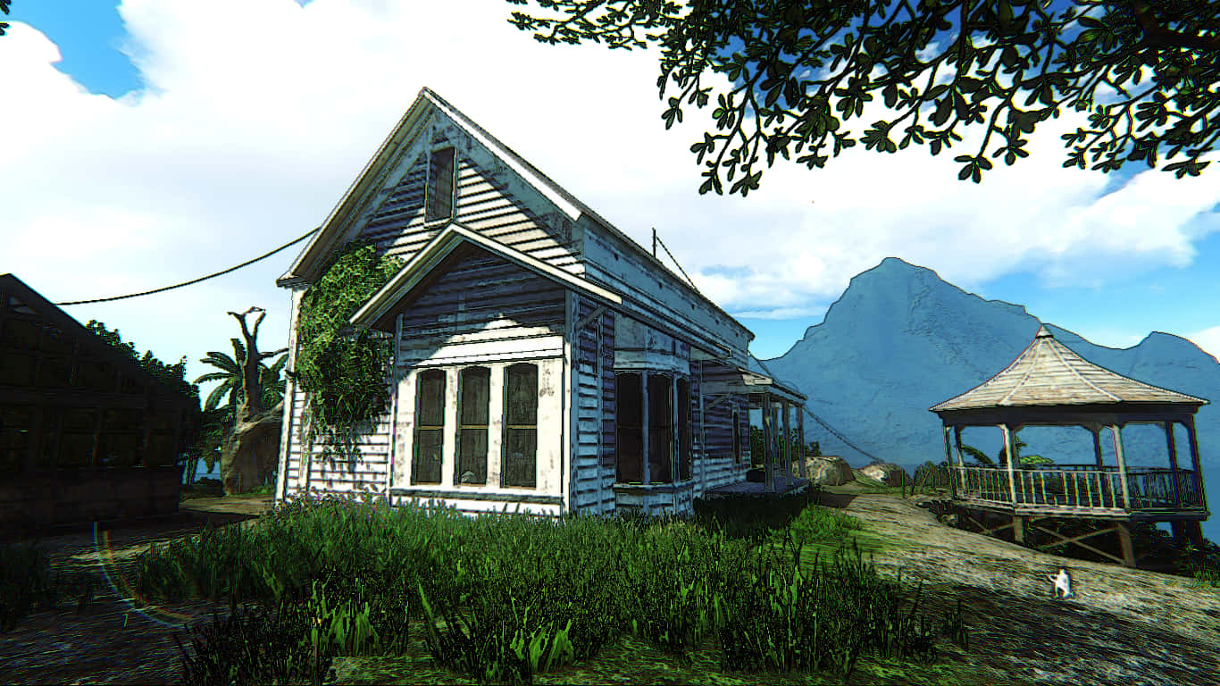 1366x768《孤島驚魂4》背景：白色房屋 壁紙 — 一間風化的白色木屋，側面長滿常春藤，矗立在草地上，附近有一個涼亭，背景是明亮的天空下的山脈。