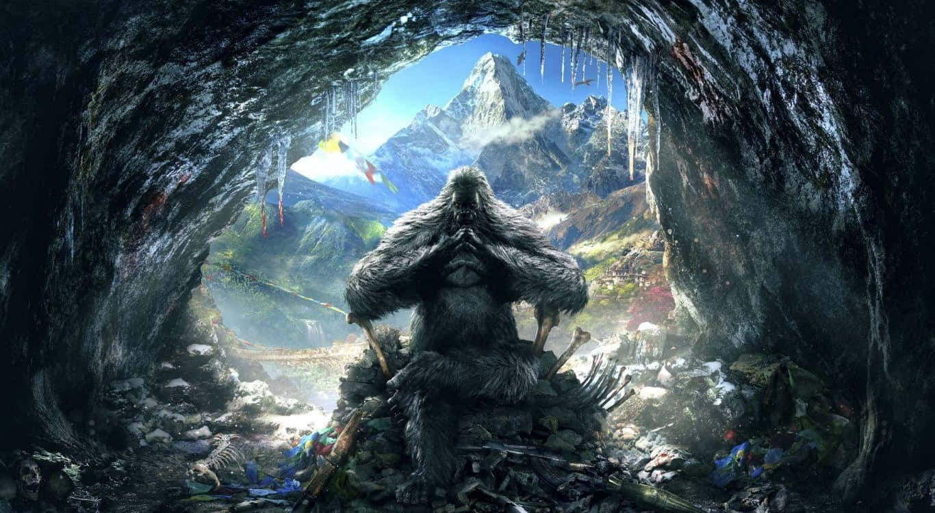 1366x768《孤島驚魂4》背景：雪人洞穴中 壁紙 — 一個巨大的毛茸茸生物坐在黑暗的洞穴中，透過冰拱門凝視著明亮的雪山山脈。