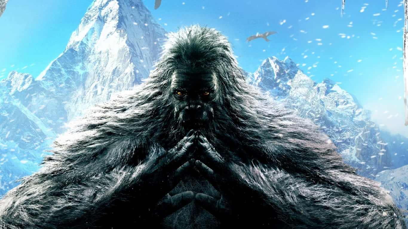 1366x768《孤島驚魂4》背景：雪人陰影模樣 壁紙 — 一隻被雪覆蓋的巨大猩猩莊嚴地站在高聳的冰峰前，天空湛藍，雪花飄落。