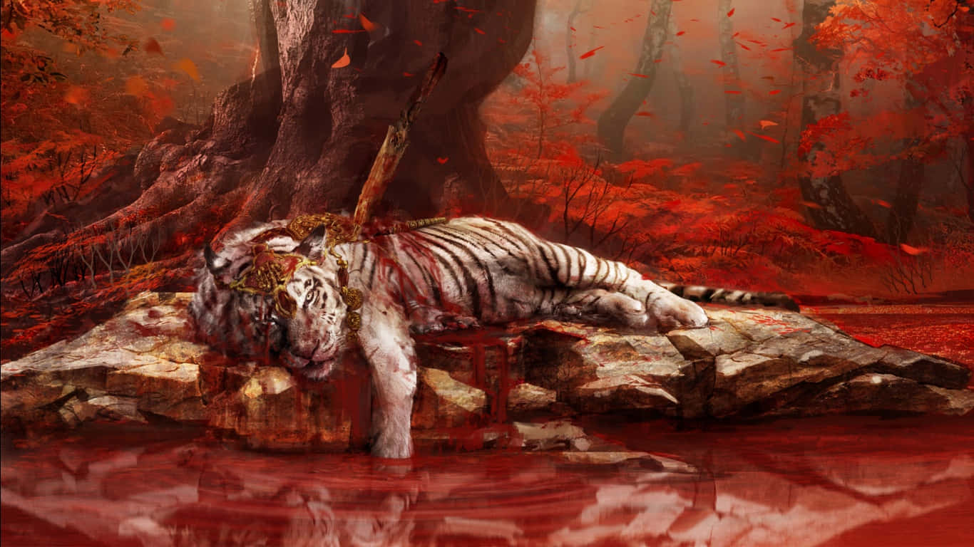 1366x768《孤島驚魂4》血跡斑斑垂死老虎背景 壁紙 — 一隻白虎死在血跡斑斑的森林中，紅葉在其身體周圍飄落。