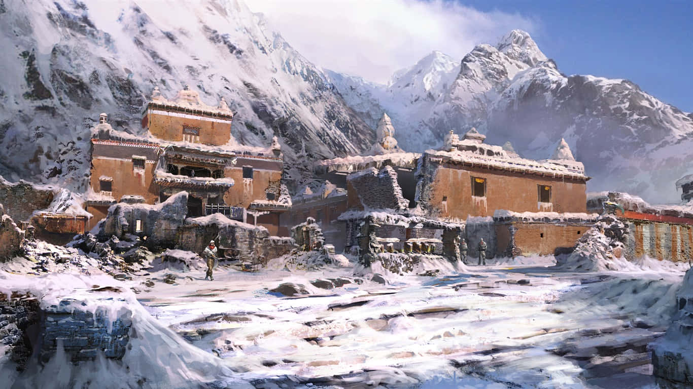 1366x768《孤島驚魂4》雪村背景 壁紙 — 一個被雪覆蓋的山間修道院，古老的石頭建築坐落在冰凍的山谷中，上方是明亮的藍天。