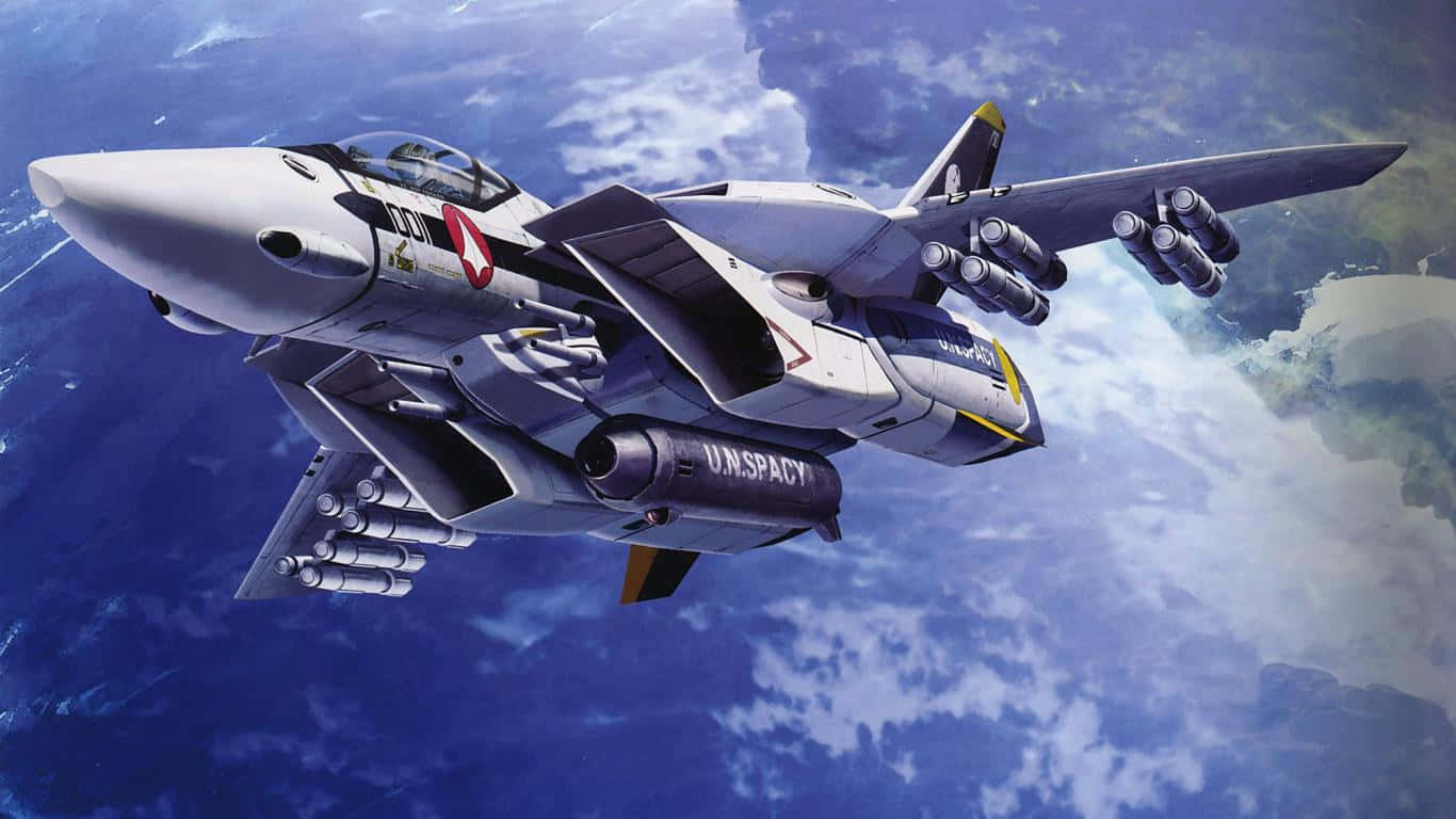 1366x768 巨型客機背景：VF-1 瓦爾基里 壁紙 — 一架時尚的未來戰鬥機在藍色海洋和白色雲層之上翱翔，並附有導彈吊艙。