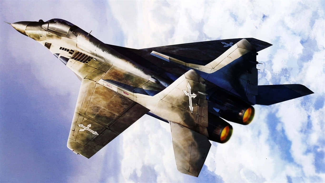 1366x768 巨型客機背景：米格-29 翼上十字標誌 壁紙 — 一架流線型戰鬥機在雲層密佈的天空中翱翔，引擎排氣管發光，帶有軍事標記。