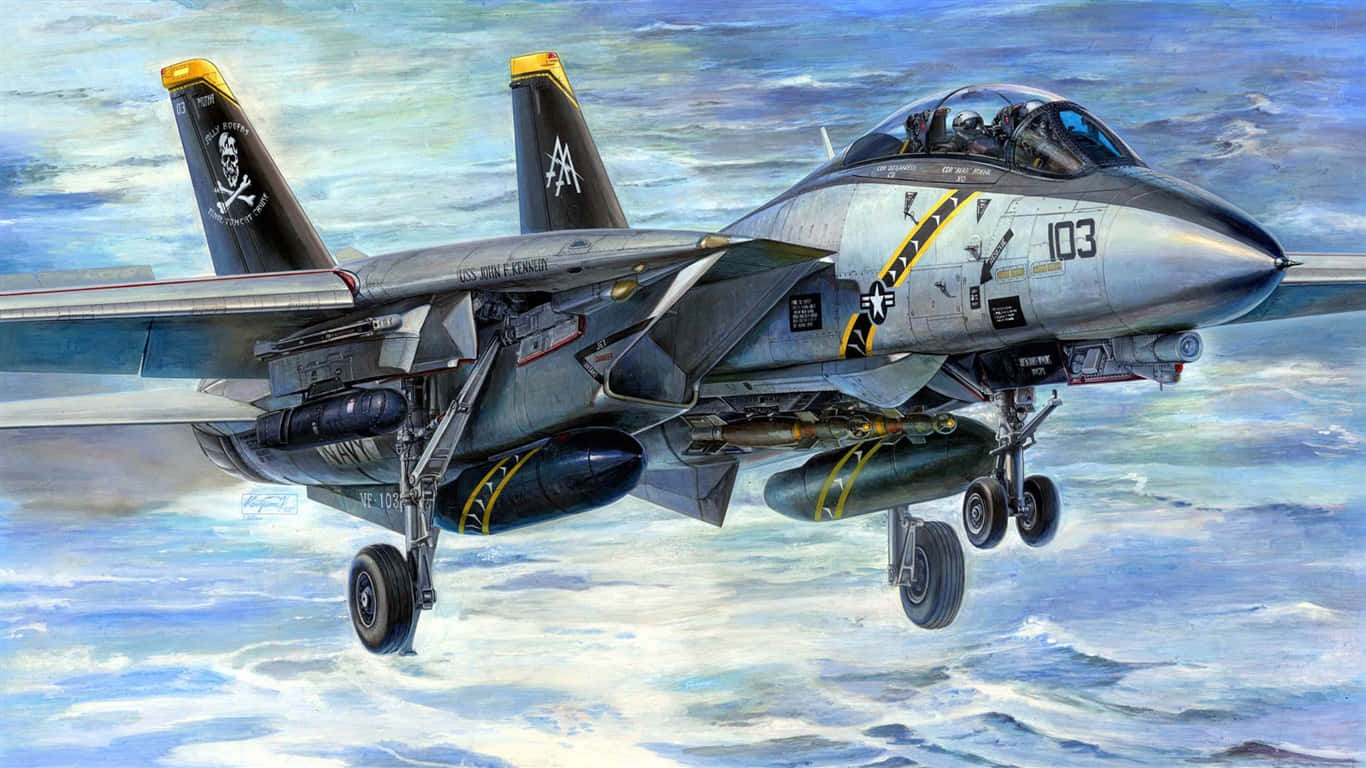 1366x768 巨型客機背景 F-14B 战鬥機 壁紙 — 一架灰色戰鬥機帶有黃色點綴和骷髏標誌，在多雲的天空下低飛越過洶湧的海浪。