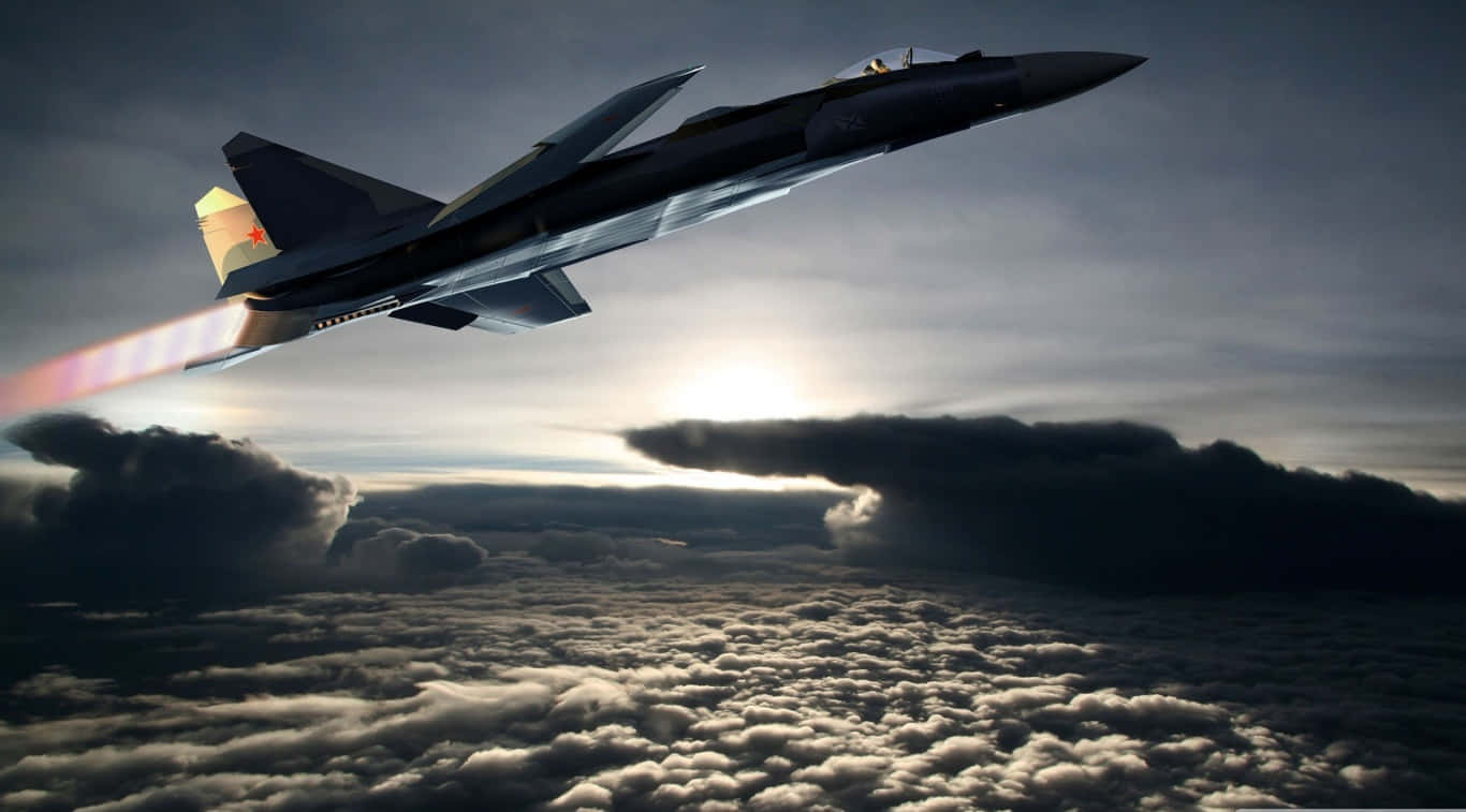 1366x768 巨型客機背景 海上雲海 壁紙 — 一架流線型戰鬥機在雲海之上翱翔，拖著熾熱的後燃器尾跡，映襯著戲劇性的暮色天空。