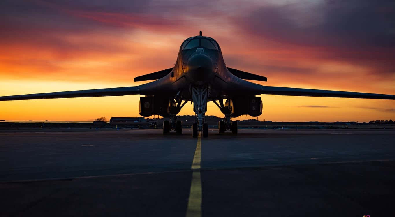 1366x768 巨型客機背景：洛克希德 B-1 蘭斯轟炸機 壁紙 — 一架流線型軍用轟炸機在機場停機坪上，以火紅的日落天空為背景形成剪影。