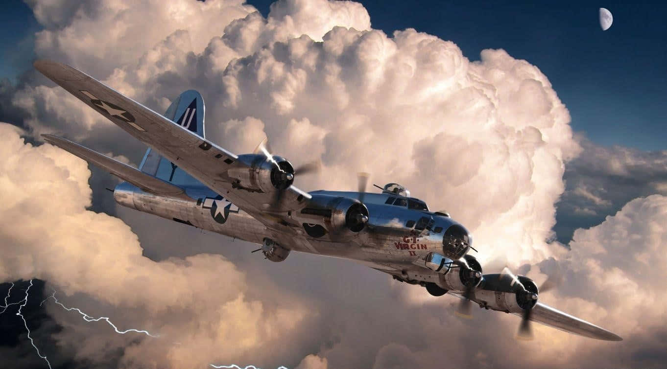 1366x768 巨型客機背景：雷鳴與飛機 壁紙 — 一架復古二戰轟炸機在戲劇性的暴風雲中翱翔，下方閃電閃爍，上方一彎新月。