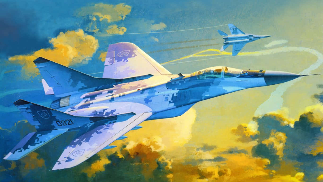 1366x768 巨型客機背景 畫面戰機 壁紙 — 兩架戰鬥機在充滿活力的天空中翱翔，身後留下黃色雲彩和凝結尾跡。