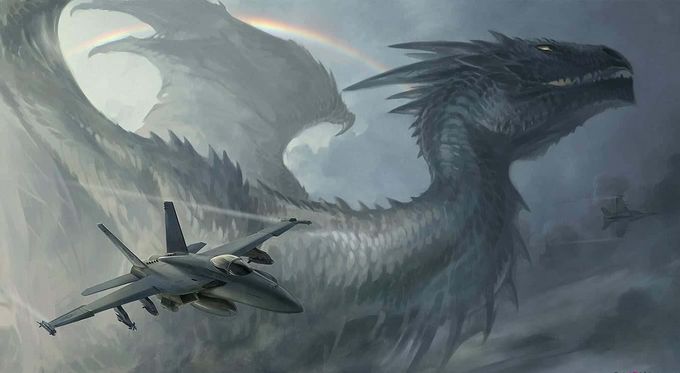 1366x768 巨型客機與龍背景 壁紙 — 一架戰鬥機飛過一隻巨大的灰色龍，彩虹在其帶翼的身形後彎曲，背景是風暴天空。