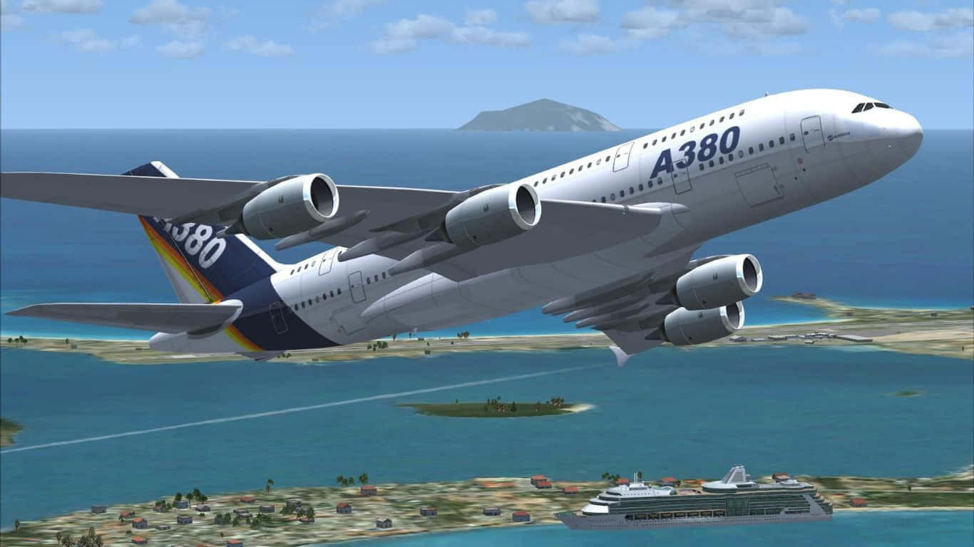 空中巴士A380飛越海洋，下方有郵輪和島嶼。