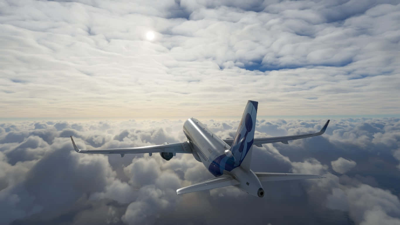飛機在雲層上方陽光下高高飛行