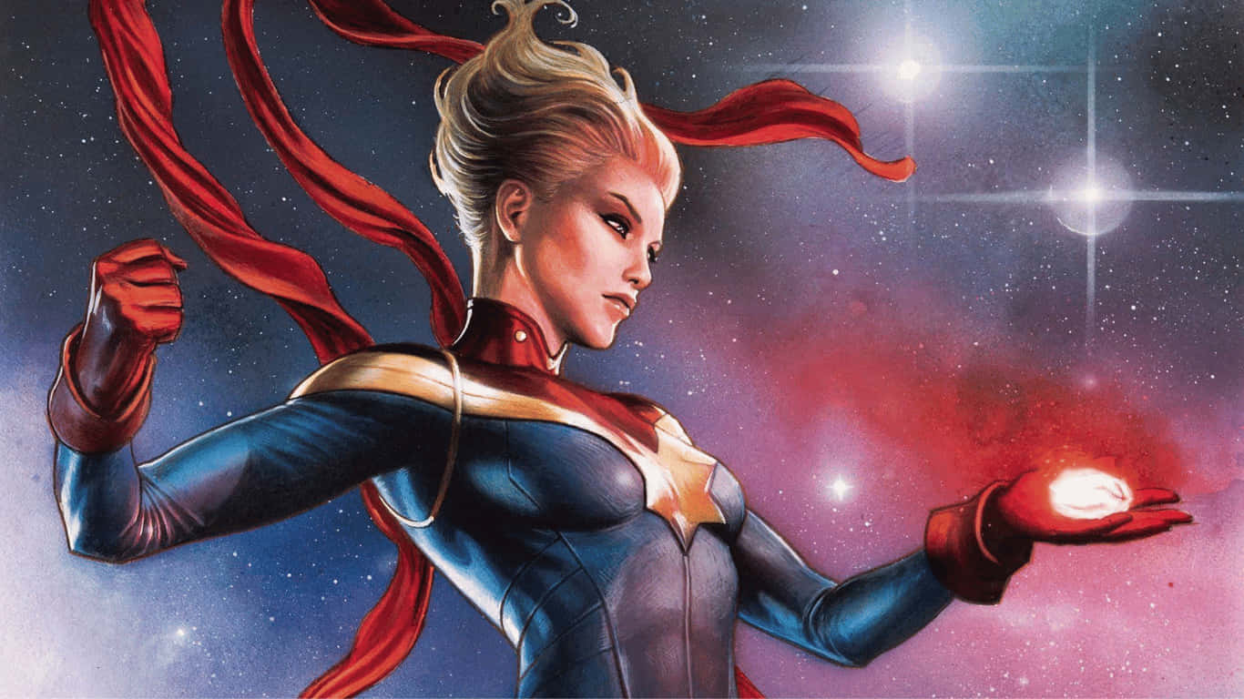 1366x768 捕捉漫威紅色發光拳頭背景 壁紙 — 驚奇隊長英勇地站在太空中，手持發光球體，紅色斗篷在繁星宇宙背景下飄揚。