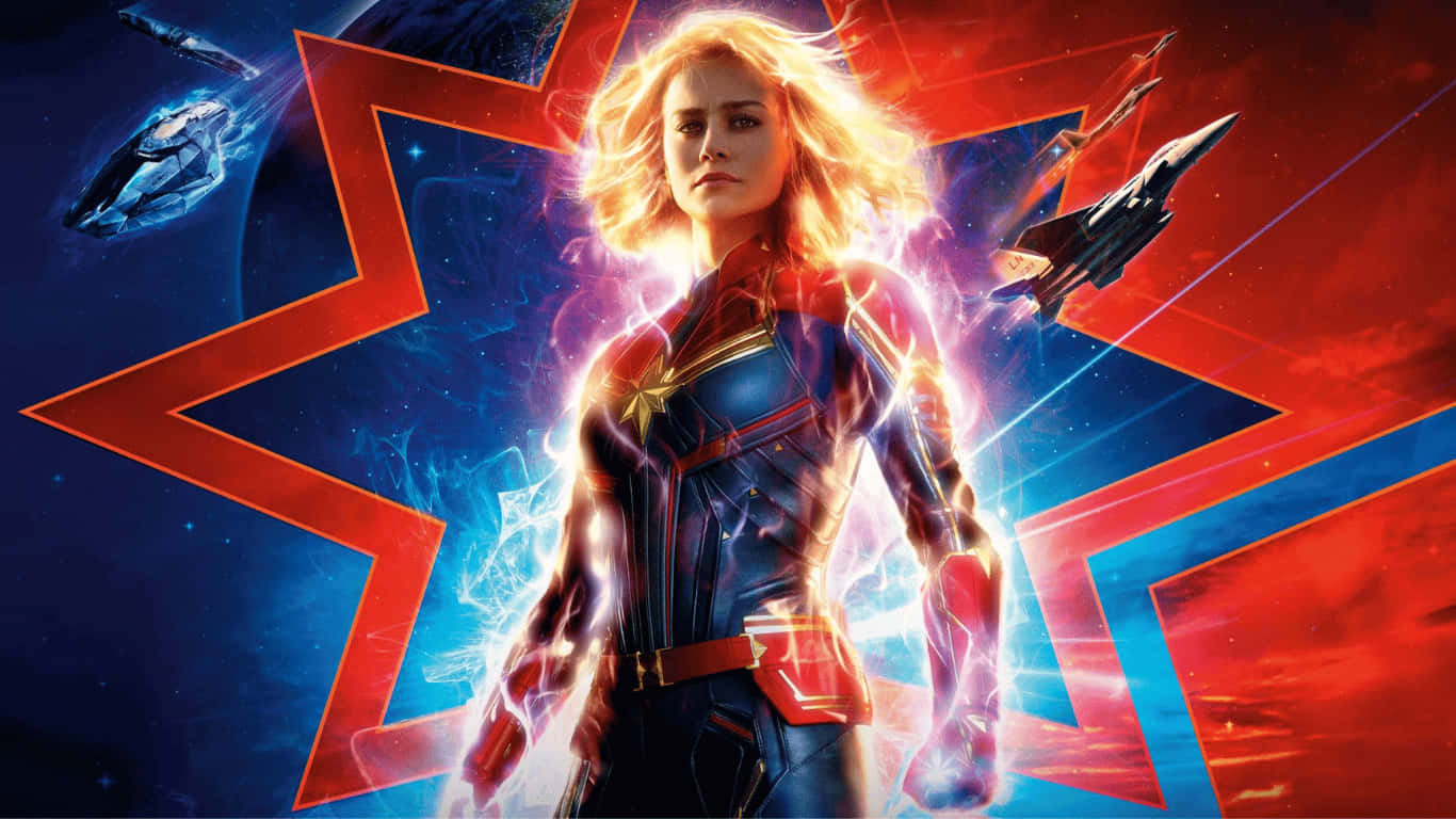 1366x768 捕鰻女背景：透明星芒 壁紙 — Captain Marvel 在一個宇宙環境中英勇地站立，周圍有發光的能量效果和飛行的星艦。