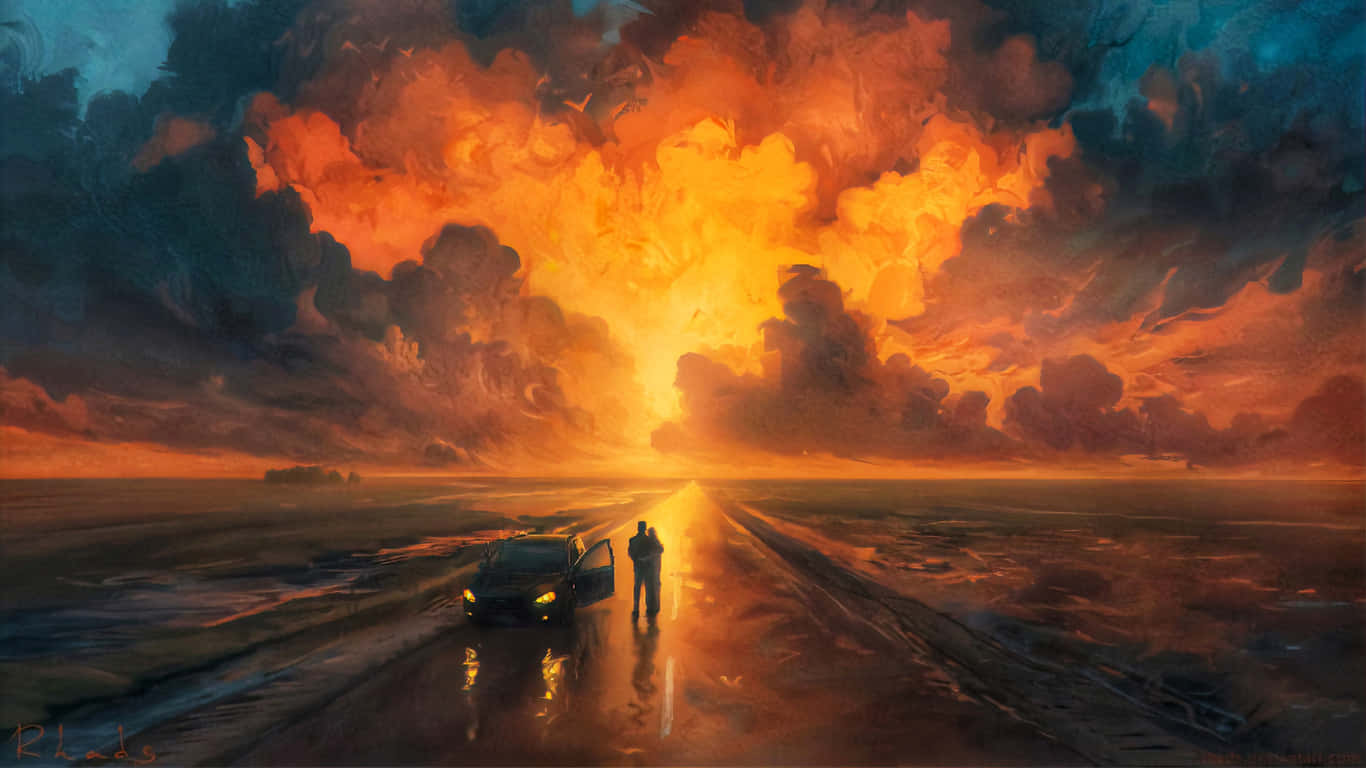 在火紅日落天空下，一個人站在濕漉漉的道路上，旁邊有一輛車。