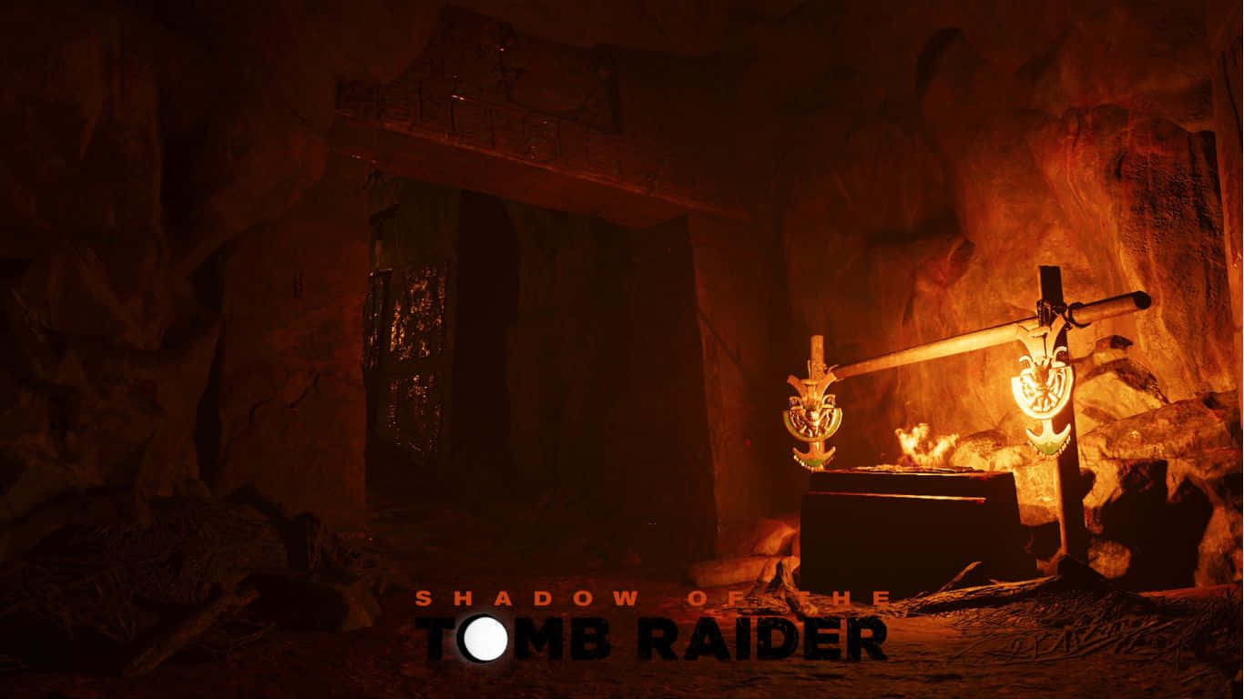 《Shadow of the Tomb Raider》黑暗洞穴中，被燃燒的火把照亮的古老墓穴廢墟。