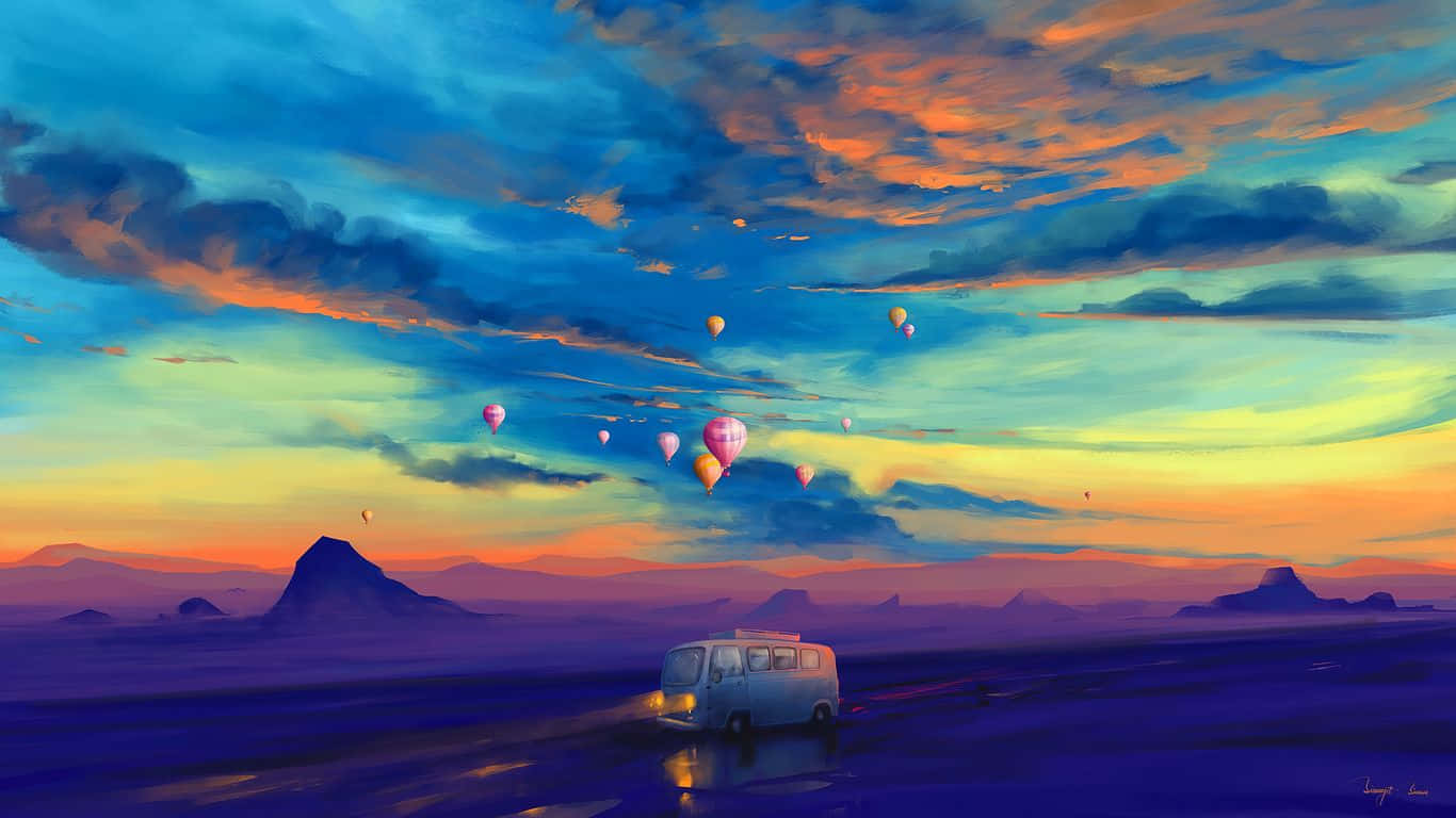 貨車在日落時穿越沙漠，熱氣球漂浮在彩色天空中