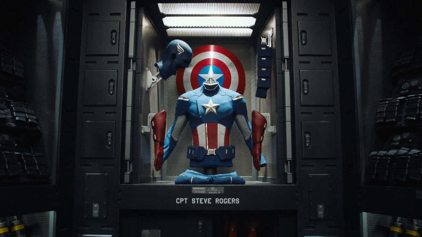 美國隊長的制服和盾牌放在一個標有 CPT STEVE ROGERS 的安全儲物櫃中。