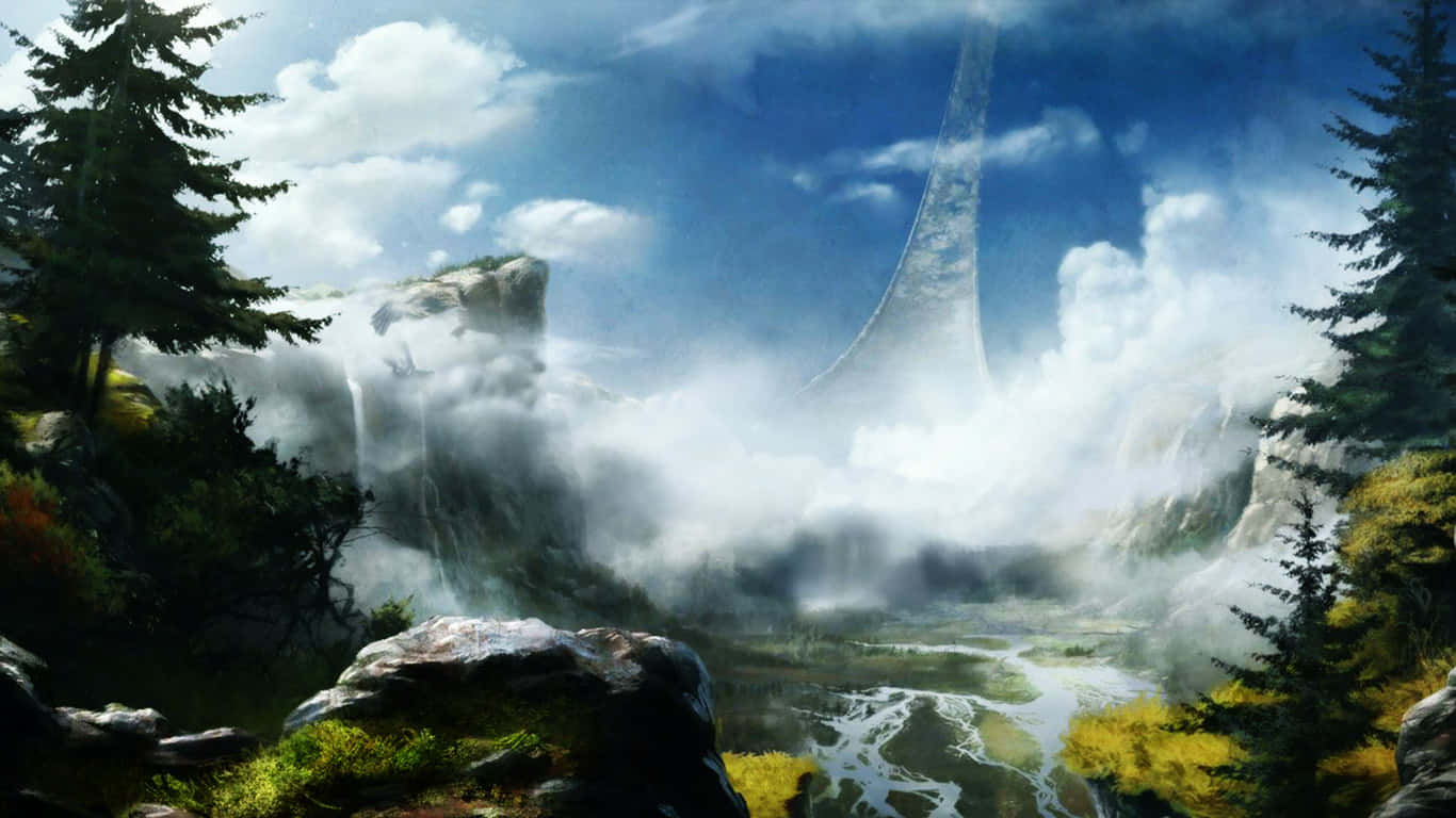 迷霧森林山谷，外星巨石穿過河流上方的雲層升起。