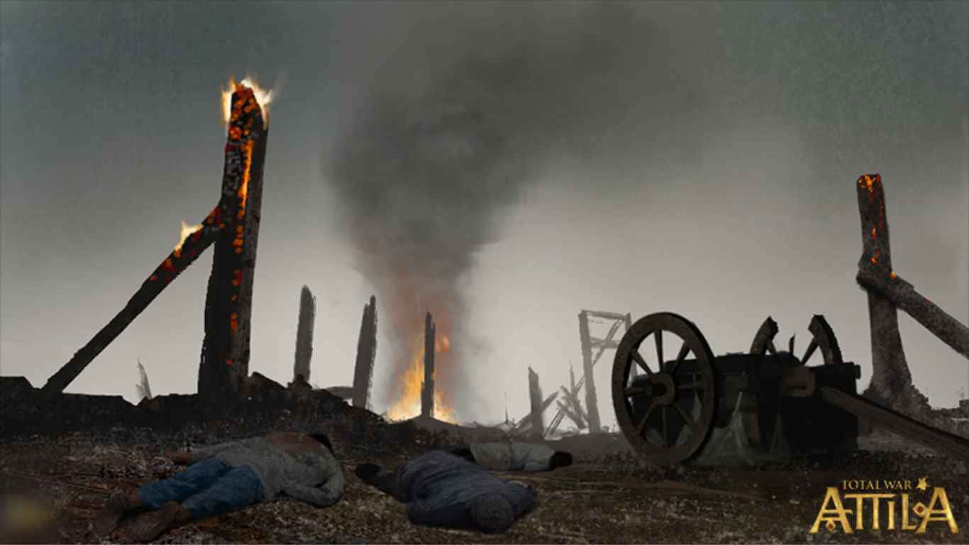 1366x768《Total War: Attila》背景——被燒毀的村莊 壁紙 — 一片荒涼的戰場，燃燒的木樁升起煙霧，倒下的士兵靠近一門破損的大砲，天空陰沉。