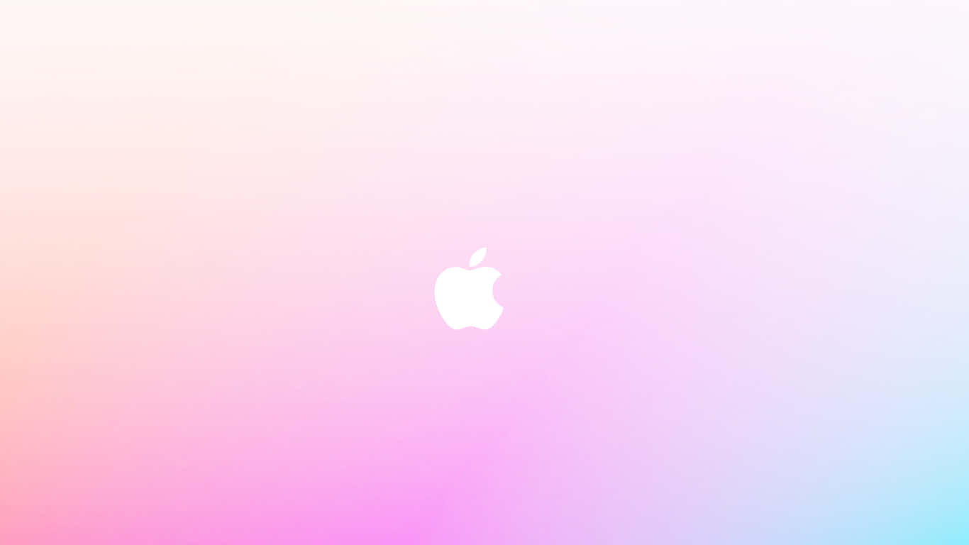 1366x768框架內的蘋果產品 壁紙 — 一張極簡漸變壁紙，白色Apple標誌居中，背景為柔和的粉紅、紫色和藍色調。