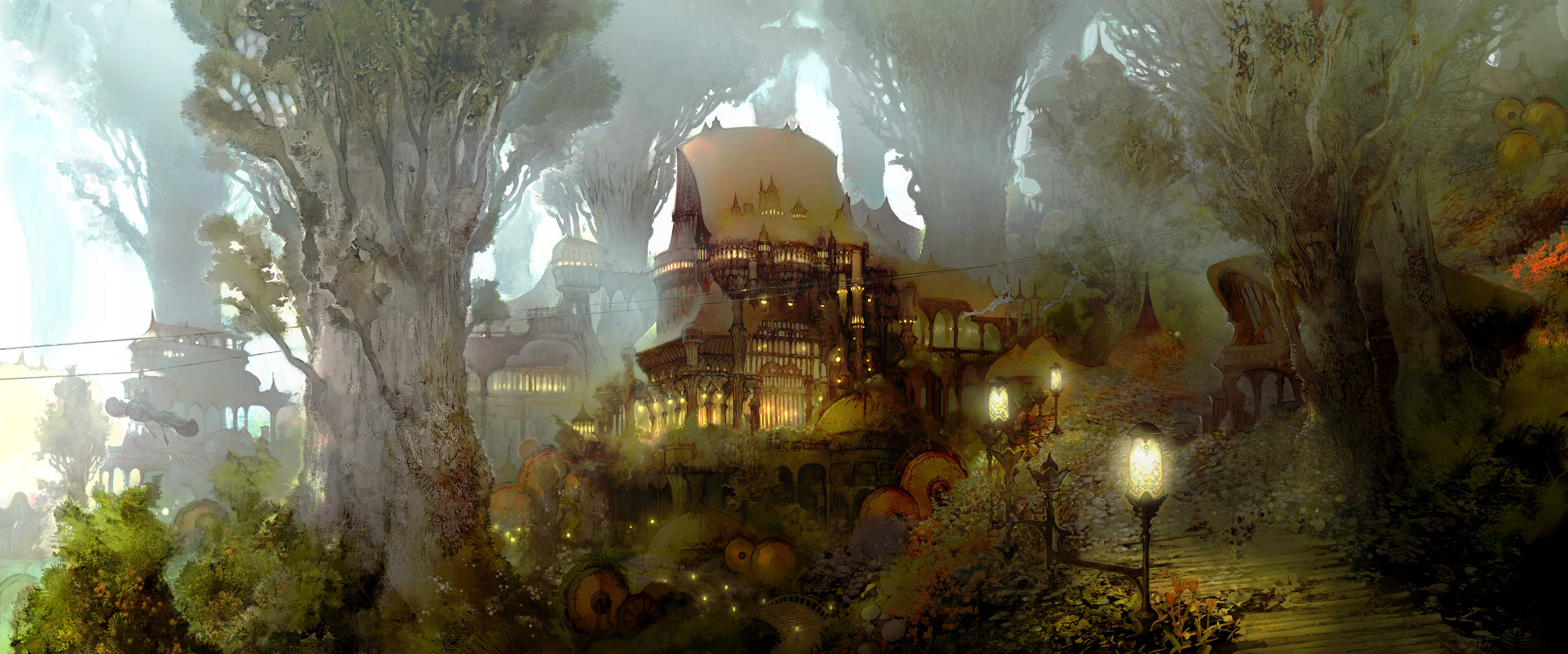虛擬旅程：探索《最終幻想14》的魔法世界 壁紙 — 在霧氣瀰漫的黃昏天空下，隱藏在巨大古樹之間的發光奇幻村莊。