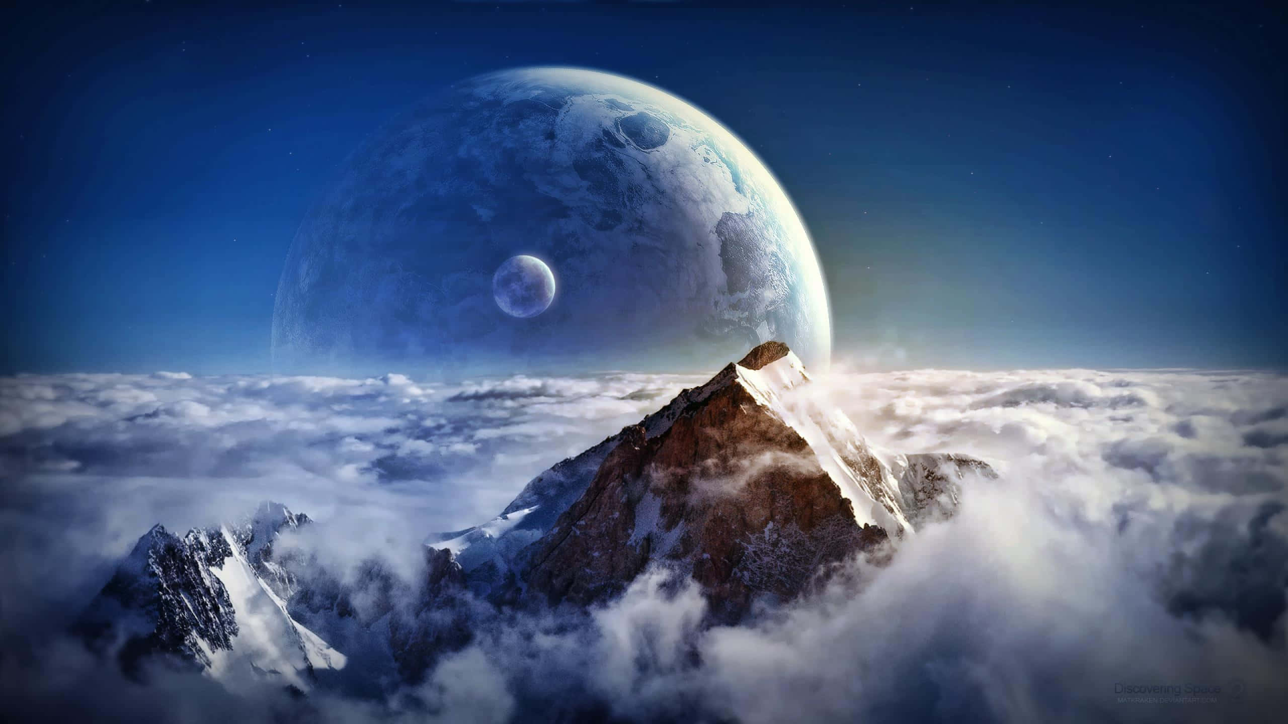 雲層上的白雪山峰，天空中有巨大的藍色行星和月亮。