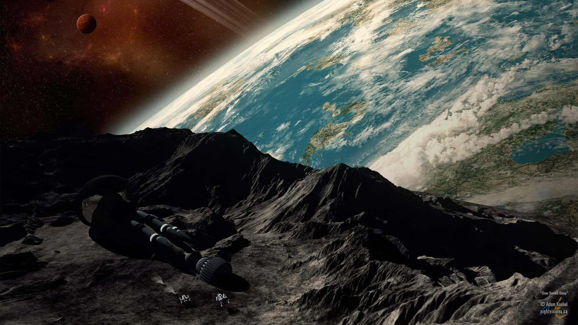 月球表面的太空船，地球和紅色行星的太空視圖
