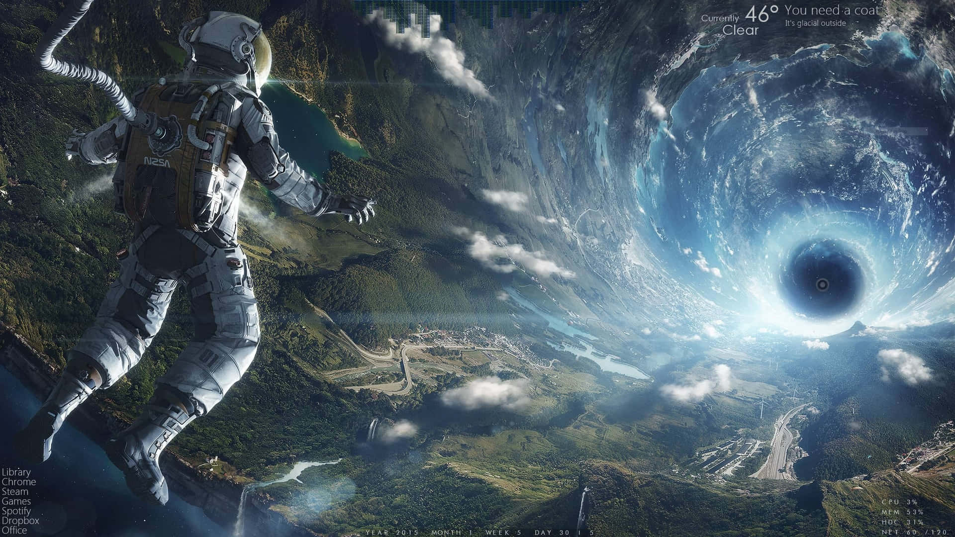 太空人漂浮在山谷上方，天空中有宇宙漩渦。