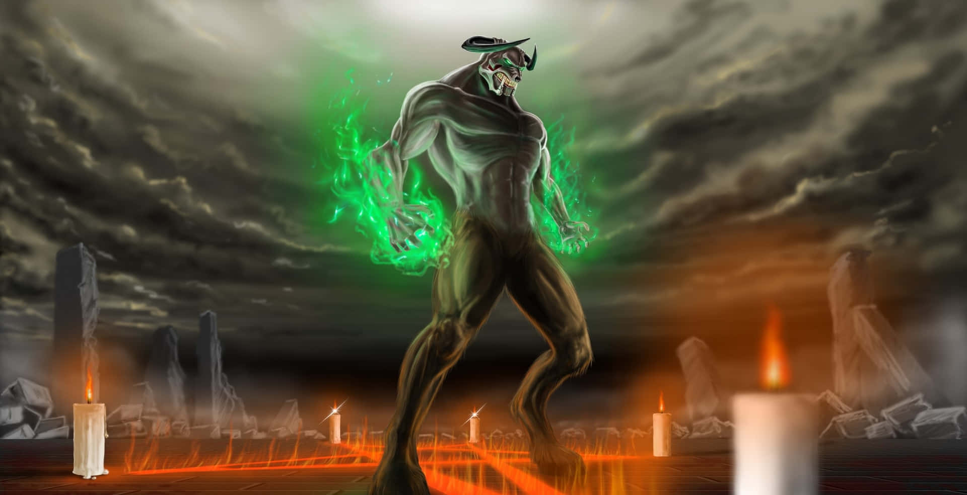 一個擁有綠色能量拳頭的惡魔般的人物，站在廢墟景觀中，伴隨著燃燒的蠟燭。