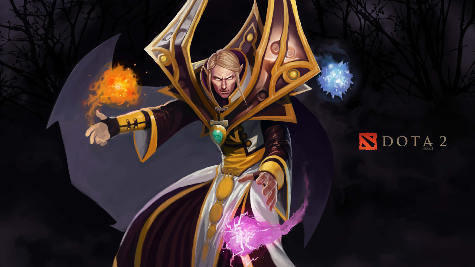 Dota 2 英雄在黑暗森林中施放火焰和閃電法術。