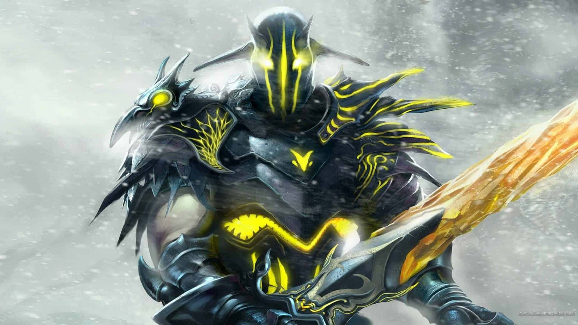雙眼發出黃光的黑暗裝甲戰士在雪中揮舞火焰劍。