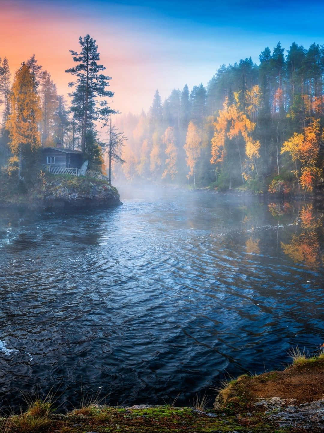 1440p 自然背景：黃綠樹林 壁紙 — 一條霧氣瀰漫的秋日河流流過一間木屋，木屋坐落在色彩繽紛的樹木之間，上方是柔和的日出天空。
