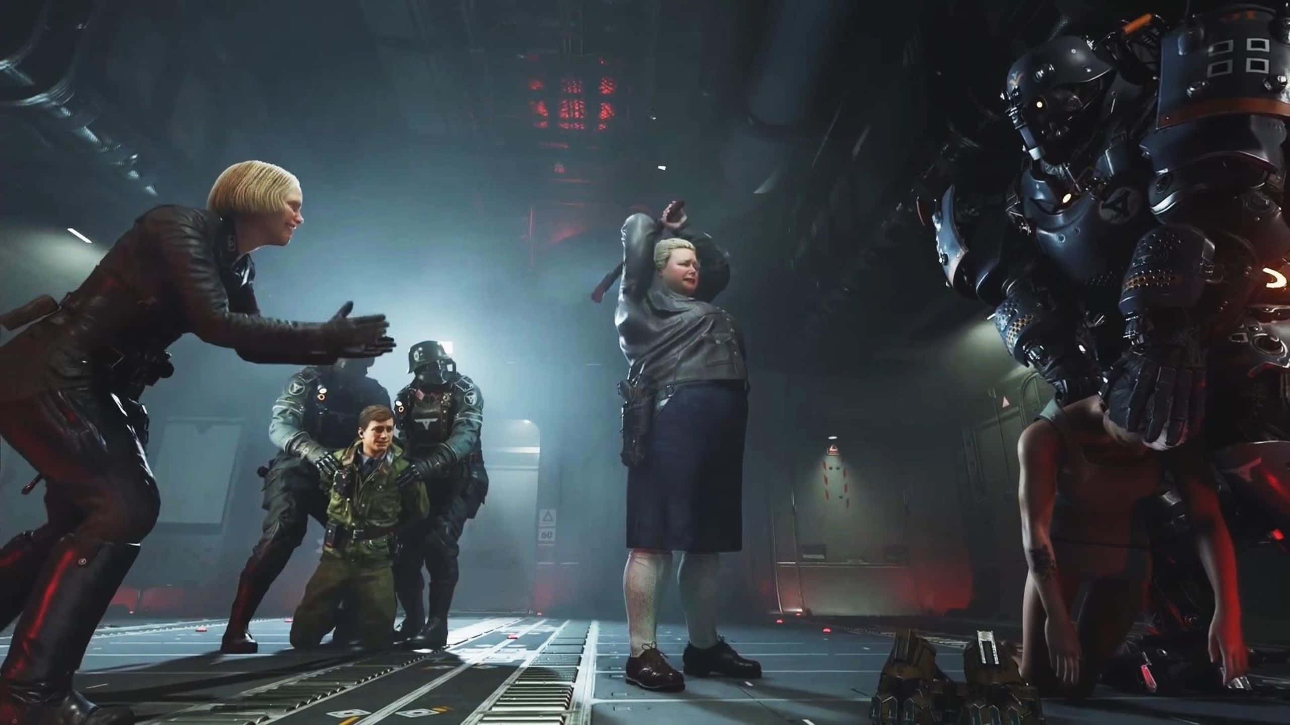 1440p《Wolfenstein II》西格倫斧頭背景 壁紙 — 一個緊張的科幻場景，有裝甲人物和一個挑釁的老婦人在昏暗的工業房間裡。