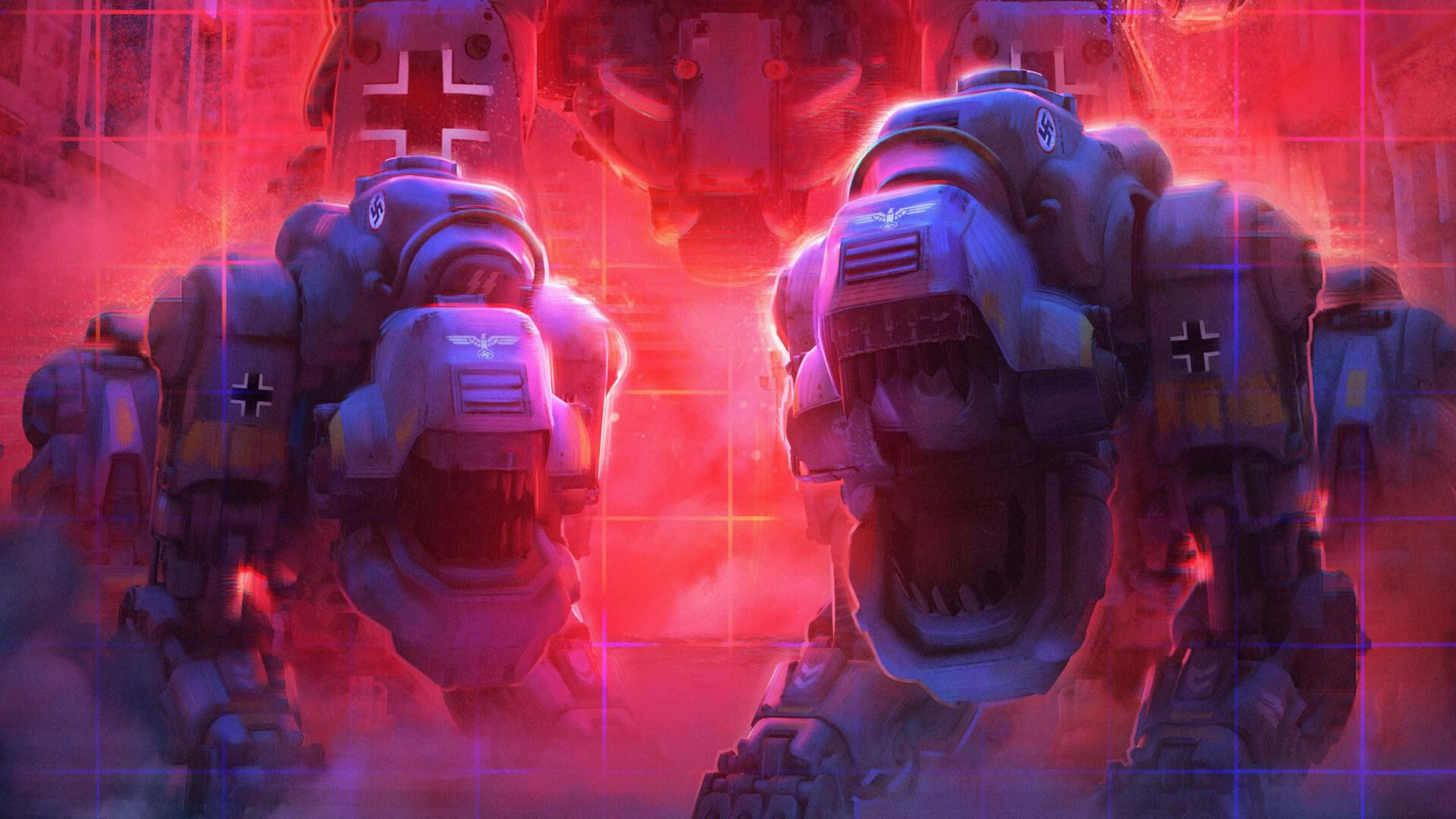 1440p《Wolfenstein II》坦克犬背景 壁紙 — 帶有納粹標誌的巨型戰爭機器，在紅色燈光、網格圖案的戰場迷霧中威嚇地矗立。