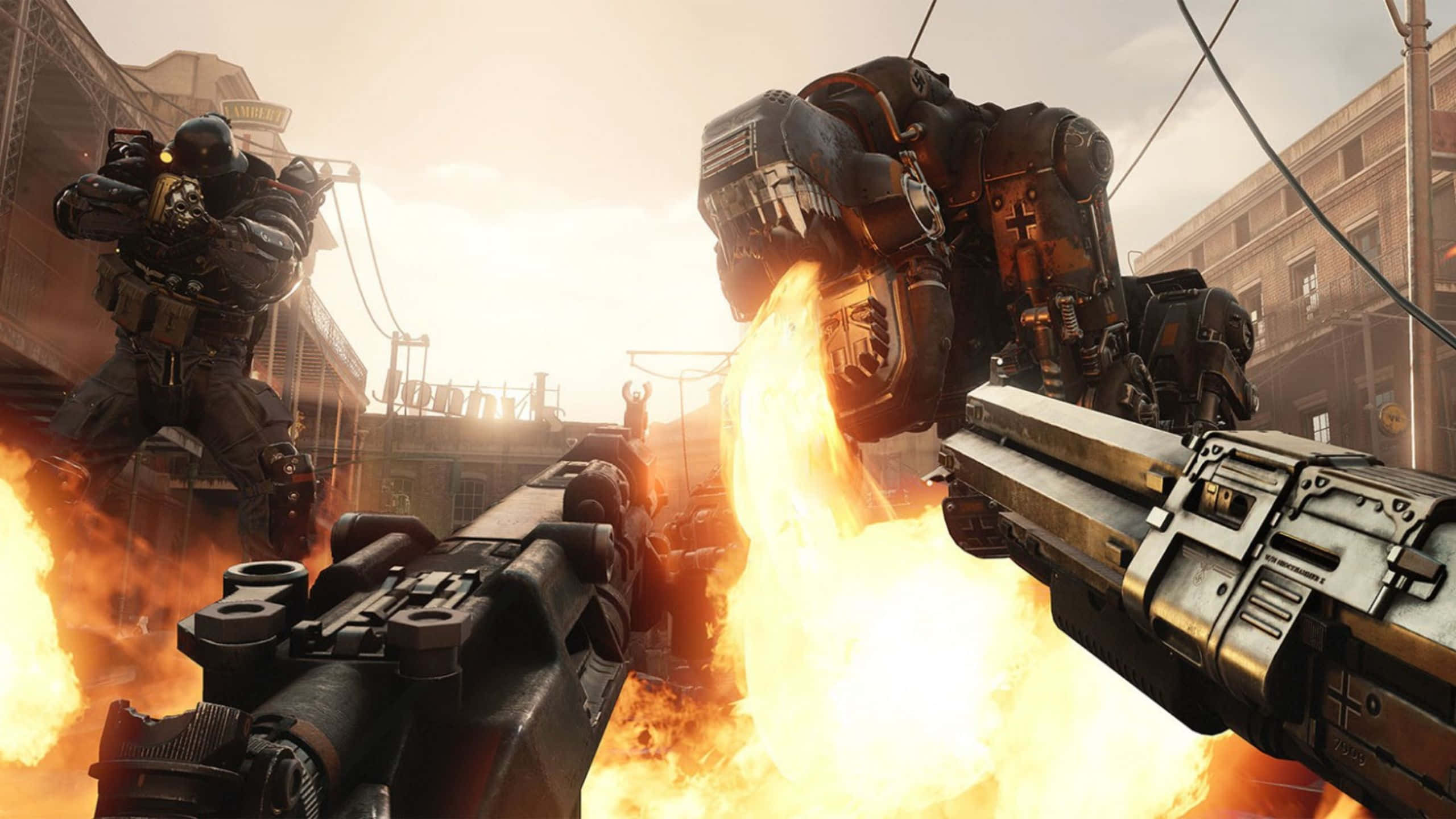 1440p Wolfenstein II — Panzerhund 吐焰噴射器背景 壁紙 — 日落時分，在燃燒的城市廢墟中，巨型機甲噴射火焰的第一人稱射擊戰鬥。