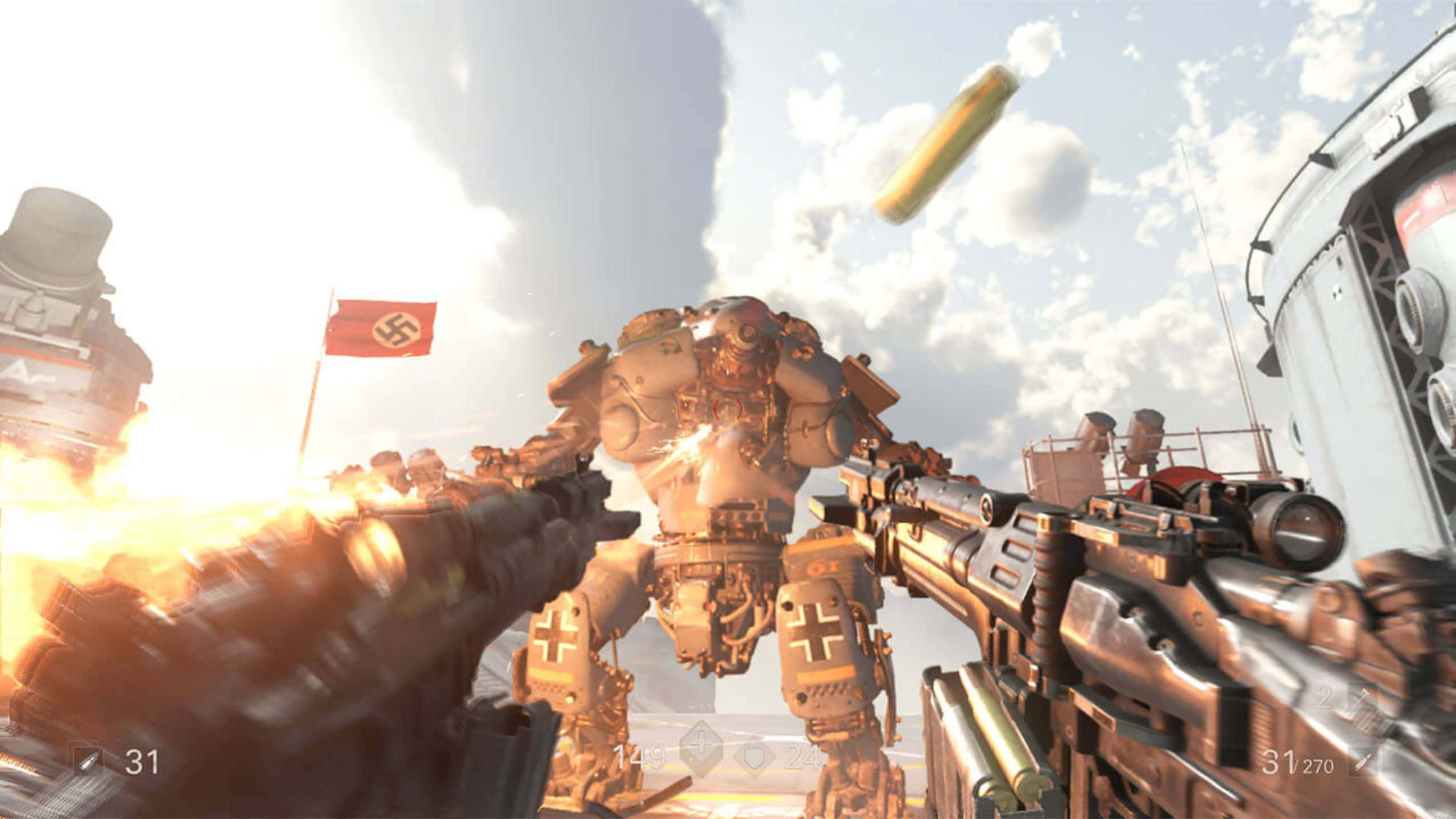 1440p Wolfenstein II — Zitadelle 堡壘戰鬥背景 壁紙 — 第一人稱射擊視角，在陽光明媚的戰場上向帶有納粹旗幟的巨大裝甲機甲開火。
